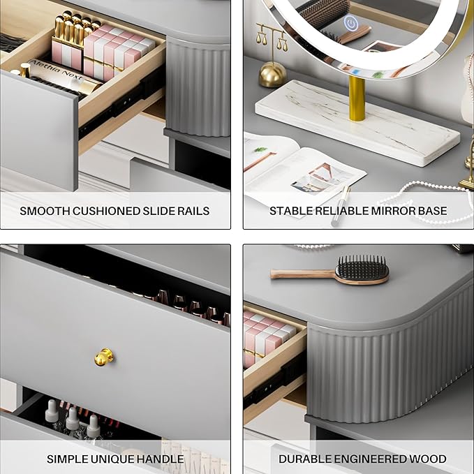 WinZo 24" Vanity Desk with Mirror and Lights, Small Makeup Vanity Table with 1 Storage Drawers, 3 Color Touch Screen Stylish Dressing Table for Small Spaces & Bedroom, Gray