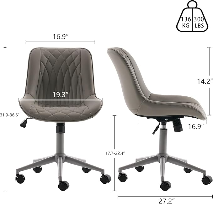 YOUNIKE Grey Home Office Desk Chair No Arms Comfy Small Vanity Chair Chair with Wheels Swivel Adjustable Modern Ergonomic Task with Back Armless Cute Leather Upholstered Rolling Chair