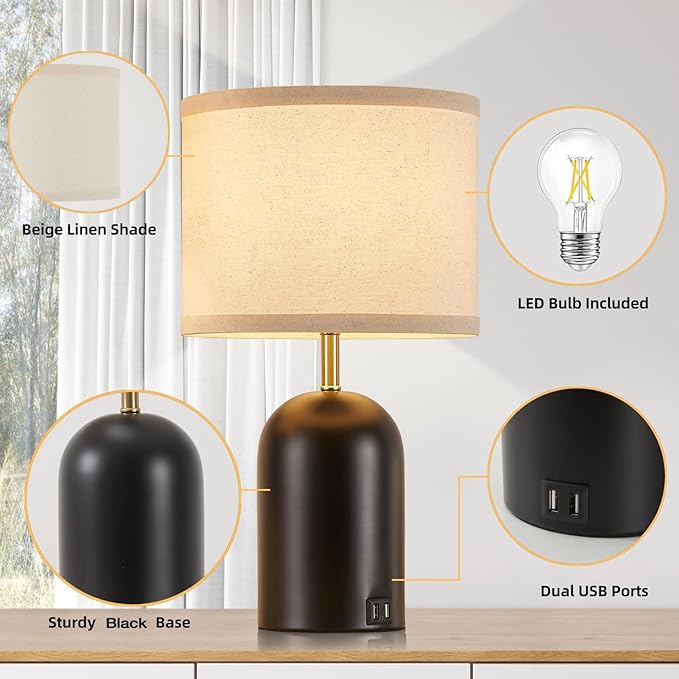 Touch Control Table Lamps Set of 2, Modern Bedside Lamp with 2 USB Ports, 3-Way Dimmable Gold and Black Nightstand Lamp with Fabric Shade for Living Room Bedroom Office Dorm(LED Bulbs Included)