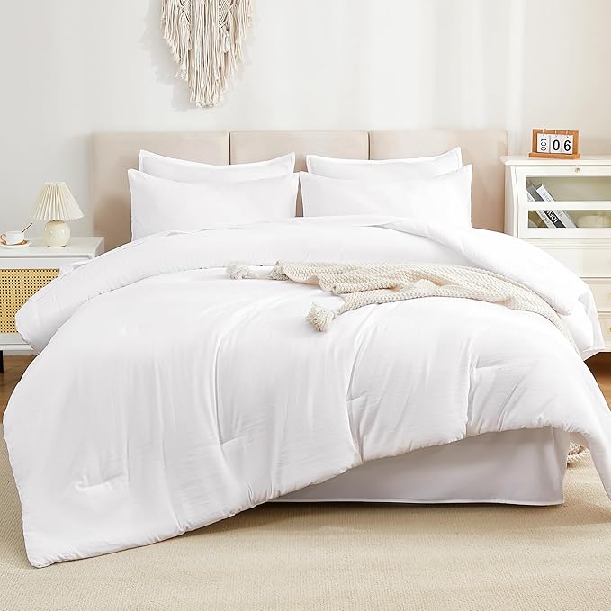 Litanika Comforter Queen Size Set White - 7 Pieces Bed in a Bag Queen Bedding Comforter Sets, Plain Lightweight Bed Set with Comforter, Sheets, Pillowcases & Shams