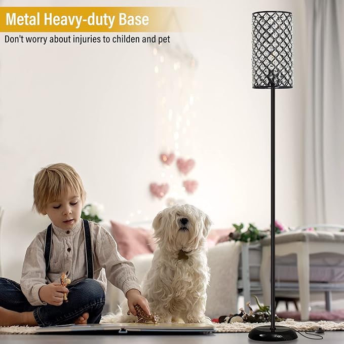 Crystal Floor Lamp, Modern Standing Lamp with Elegant Shade Black Floor Lamp with On/Off Foot Switch,Tall Pole Accent Lighting for Living Room, Girl Bedroom, Dresser, Office