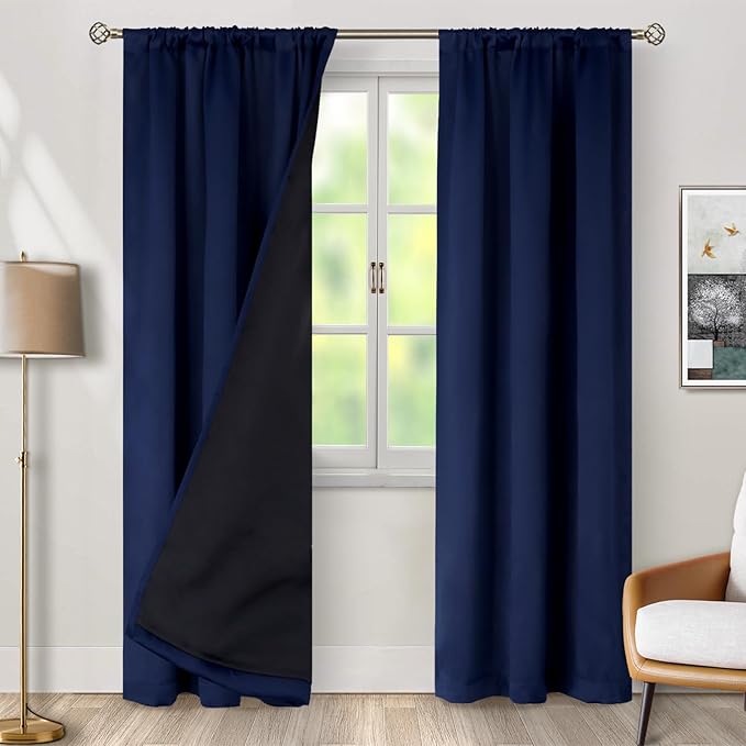 BGment Navy Blue 100% Blackout Curtains for Bedroom, Black Out Living Room 84 inch Panels with Thermal Liner, Rod Pocket and Back Tab Double Layer Room Darkening Drapes, 2 Panels,Each 38 x 84 Inch
