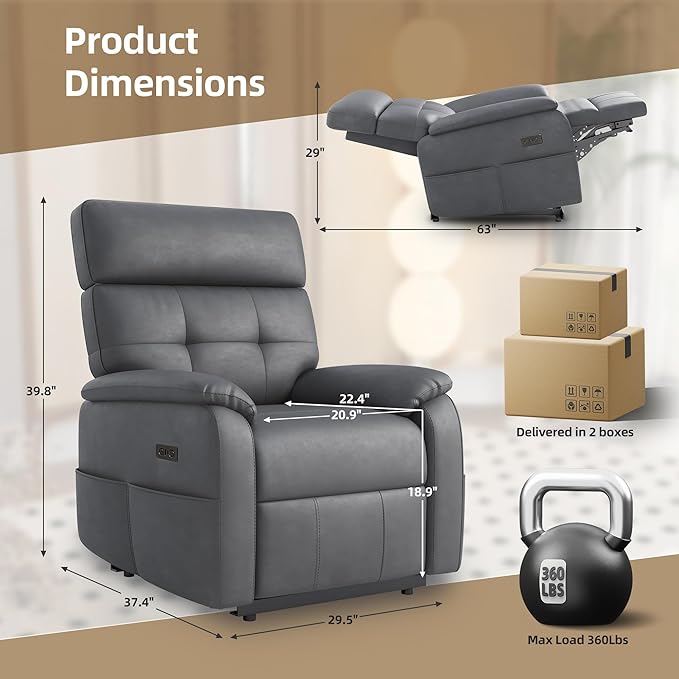 Claiks Zero Gravity Recliner Chair, Adjustable Electric Reclining Sofa Lounge, Oversized Reclining Chair for Adults with USB&Type-C Ports, Side Pocket, for Living Room, Tech Cloth Fabric, Dark Grey