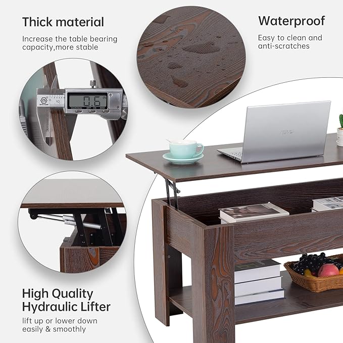 FDW Lift Top Coffee Table with Hidden Compartment and Storage Shelf Wooden Lift Tabletop for Home Living Room Reception Room Office,39.4inch,Espresso