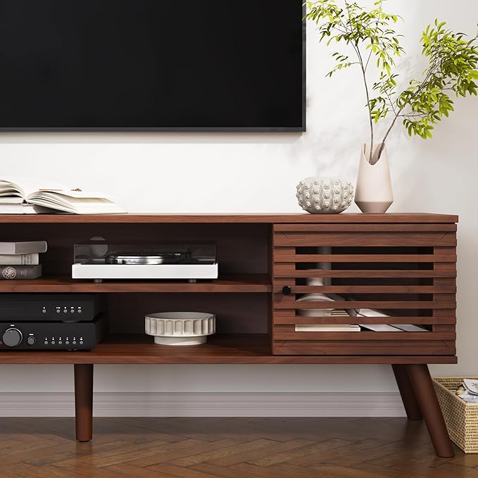 61" Mid Century Modern TV Stand for 50/55/60/70 inch TV, TV Media Console with Slatted Doors for TVs up to 70", Entertainment Center with Storage for Living Room, Bedroom, Walnut