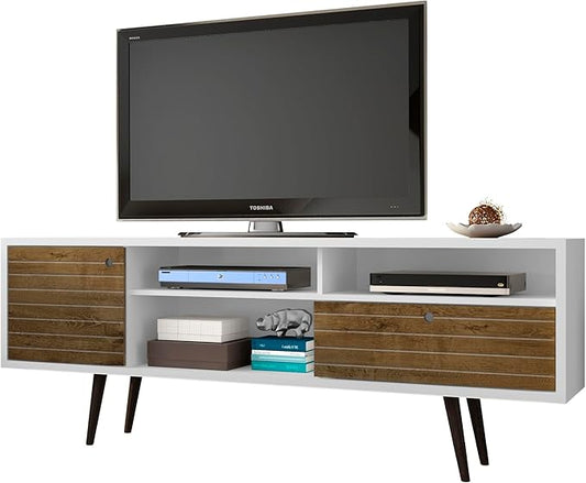 Manhattan Comfort Liberty Collection Mid Century Modern TV Stand With Three Shelves, One Cabinet and One Drawer With Splayed Legs, White/Wood, Large, Model:202AMC69