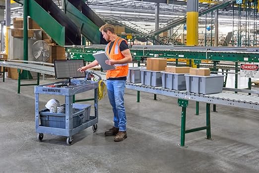 Rubbermaid Commercial Products BRUTE Heavy Duty 2-Shelf Utility/Service Cart, Large, Lipped Shelves, Ergonomic Handle, 750 lbs. Capacity, Black, for Warehouse/Garage/Cleaning/Maintenance/Stadiums