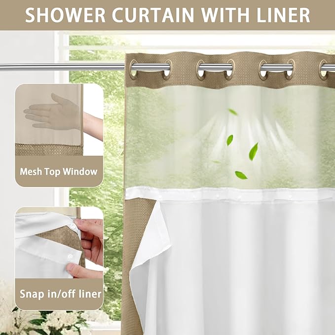 YellyHommy No Hook Shower Curtain with Snap in Liner Set Less Time Waffle Shower Curtain for Bathroom (Beige, 81" L x 72" W)