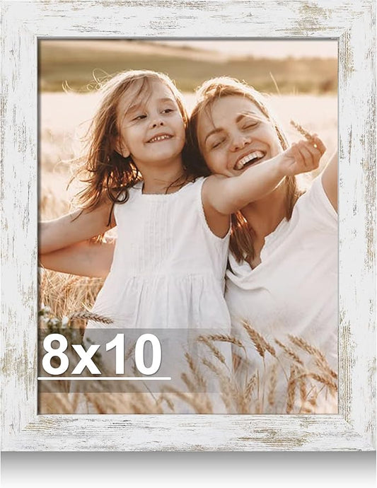 8x10 Picture Frame, Made of Real Glass and Wooden Frame, Horizontal and Vertical Display for Wall or Tabletop (Distressed White, 1 Pack)