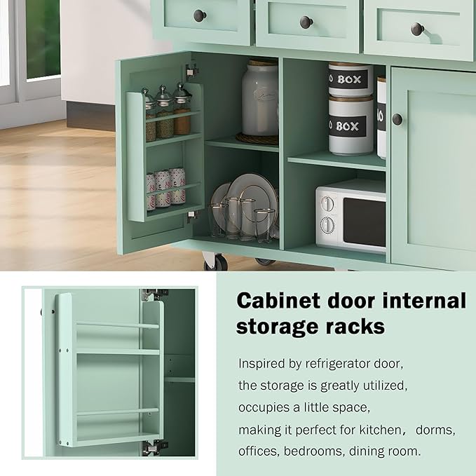 Kitchen Island Cart with Drop-Leaf Cabinet Door Internal Storage Rack 5 Wheels 3 Drawers for Kitchen, Dining Room, Bathroom 53.1" W*29.5" D*37.2" H Mint Green
