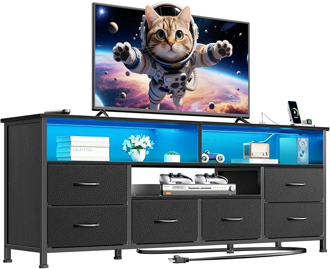 Furologee 55" LED TV Stand for Bedroom with Power Outlets, Entertainment Center with 6 Fabric Drawers for 50/55/60 inch TVs, Dresser TV Stand Long Console Media Table for Living Room, PU Black