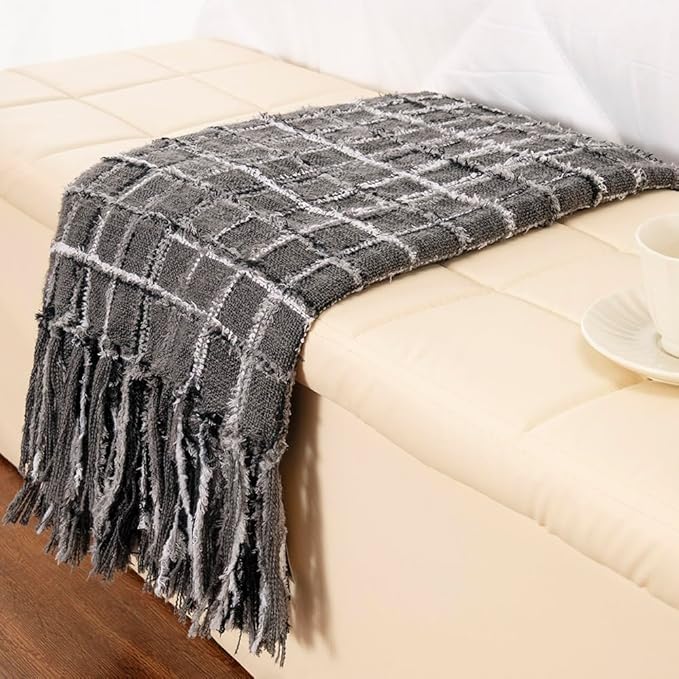 Gealaek Boho Throw Blanket Dark Grey Lightweight Fuzzy Soft Cozy Decorative Blankets for Sofa Bed Farmhouse Throw Blanket Mexcican Blanket with Tassel Black White Charcoal Textured 50" x 60"