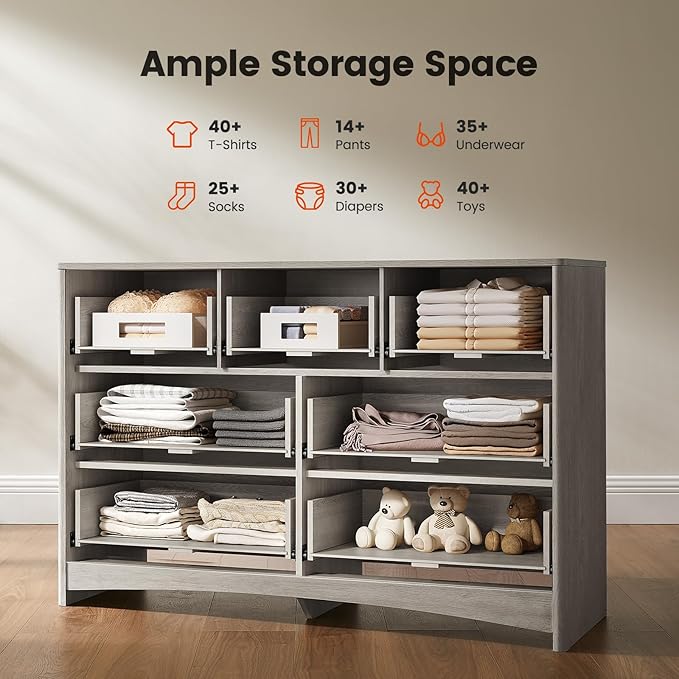 Amada Modern 7 Drawer Dresser, Fluted Wood Chest of Drawers with Rounded Corners, Pre-Installed Drawer Slides, Dresser TV Stand and Storage Organizer for Bedroom, Hallway, Grey