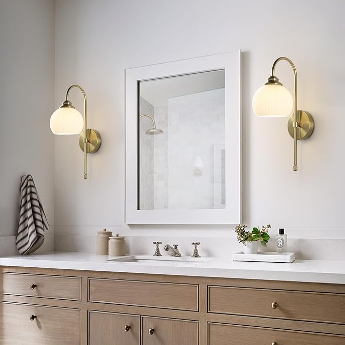 KCO Lighting Gold White Cordless Wall Sconces Mid Century Modern Bedroom Sconces Set of 2 Milk Glass Wall Lamps Antique Brass Wall Light Set of Two Retro Bathroom Vanity Light Fixtures