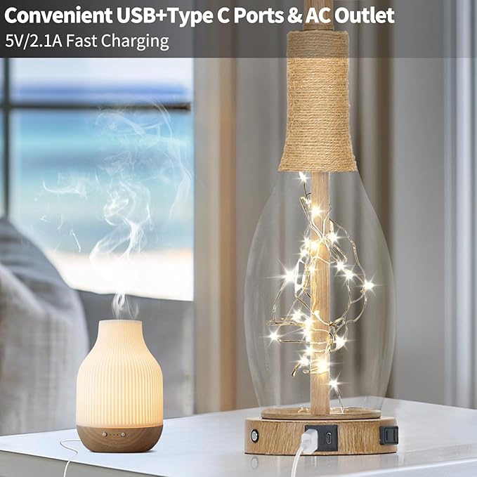 28" Boho Glass Table Lamps Set of 2, Touch Control Bedside Lamps with 2 USB Ports and Outlet, Rattan Lamp with Night Light for Nightstand Living Room Bedroom, 2 LED Bulbs Included, Wood