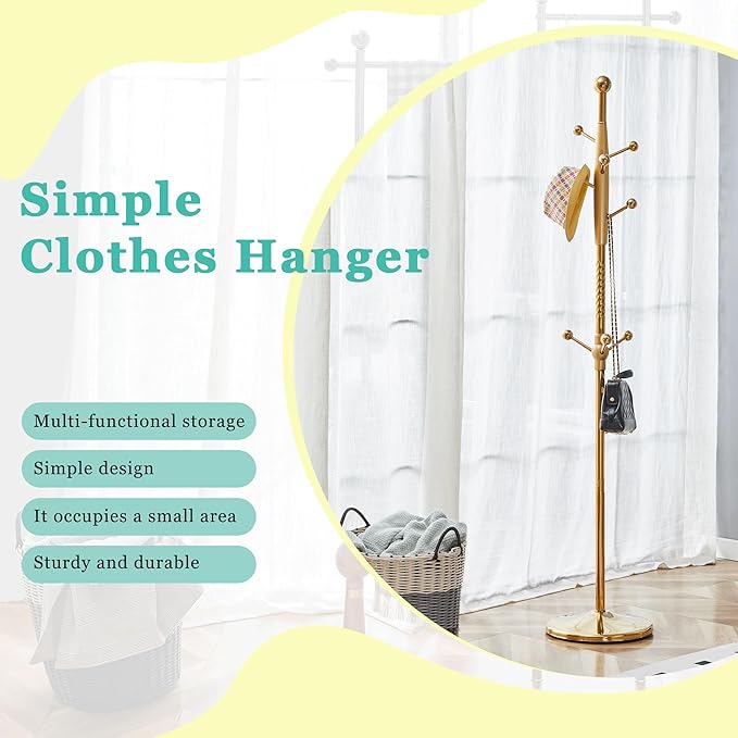 Solid Wood Coat Rack Freestanding, 77" Adjustable Hall Tree Hanger With Hooks, Coat Hanger Stand for Hanging Clothes Bags Hats in Living Room Bedroom