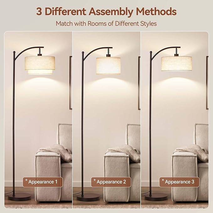 SUNMORY Floor Lamps for Living Room with 12W LED Bulb, Arc Floor Lamp with 3 Color Temperatures, Modern Floor Lamps with Adjustable Double Fabric Shades, Tall Standing Lamp for Bedroom, Corner
