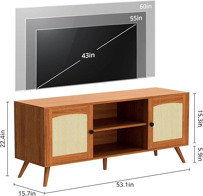 Mid Century Modern Rattan TV Stand for 60" TV - Boho Entertainment Center with 2 Natural Rattan Doors for Living Room, Brown