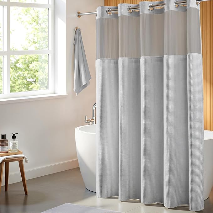River Dream Lake Wanaka Fabric Shower Curtain Set, Cotton Blend, Waffle Weave, with Snap in Replacement Liner，71 x 86 inches