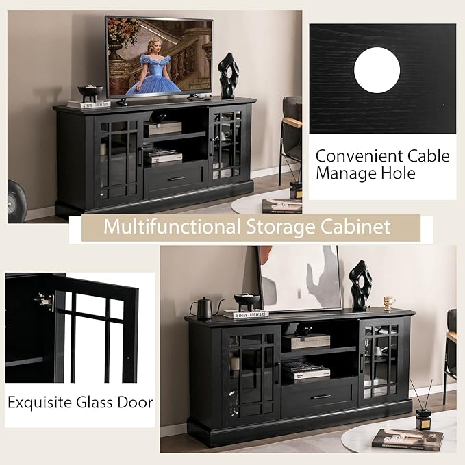 Tangkula Farmhouse TV Stand for TV up to 70 Inch, Tall Media Console Table w/2 Glass Doors, Entertainment Center w/Cubbies & Drawer, Storage Cabinet or Sideboard Buffet for Living Room (Black)