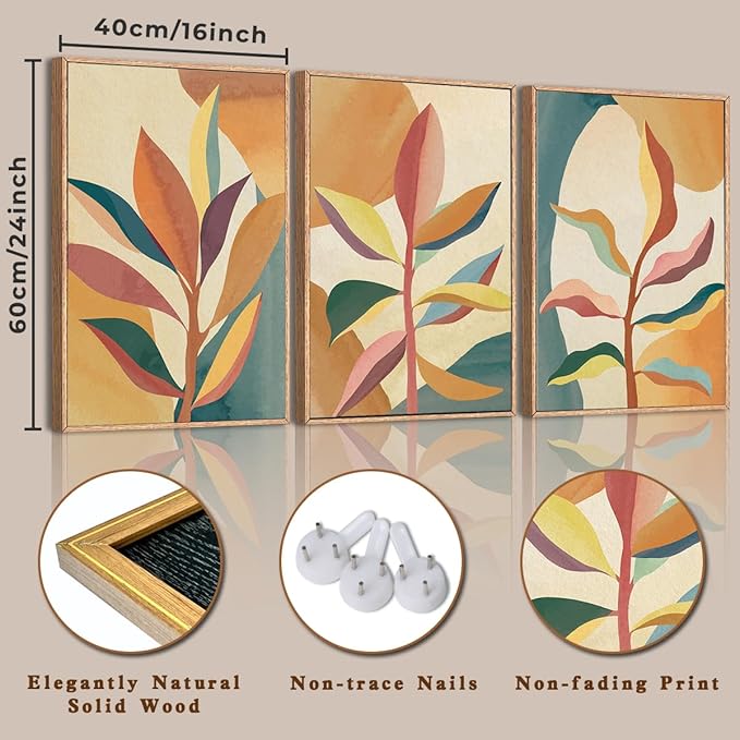 BINCUE Large Wood Tropical Palm Leaf Wall Art Set Boho Framed Wall Decor Nature Abstract Art Landscape Artwork for Living Room Bedroom Office 16x24 Inches