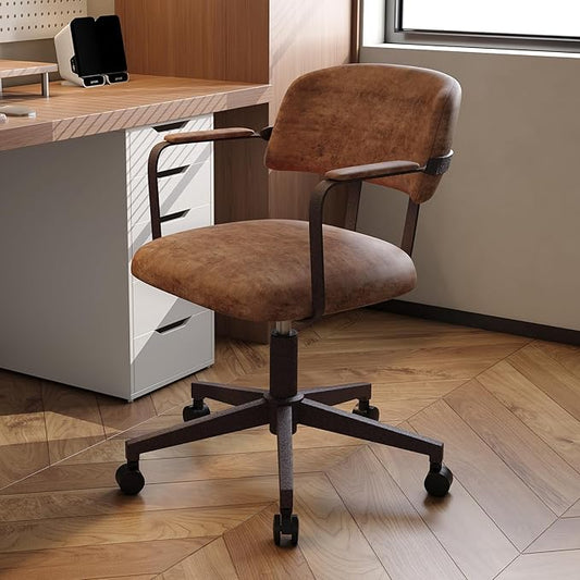 Home Office Desk Chair, Mid-Century Style Desk Chair with Padded Arms, Adjustable Seat Height, Mid Back 360° Small Computer Chair with Mobile Mute Wheel, PU Leather (Brown)
