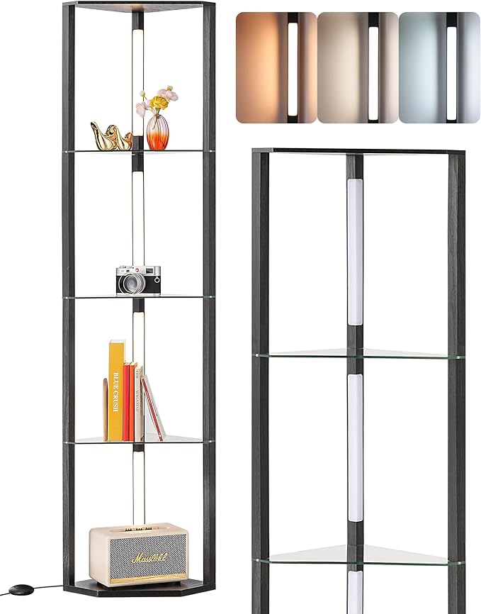 EDISHINE Modern Floor Lamp with Shelf, 5 Color Temperatures, 5-Tier Book Shelf with Light & Remote, Sturdy Floor Lamp for Living Room, Bedroom, Black