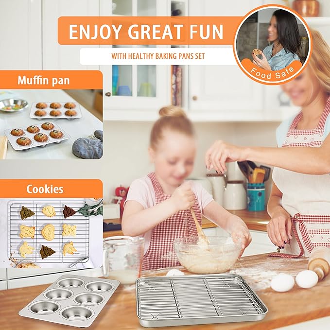 Toaster Oven Bakeware Set, E-far 8-Piece Stainless Steel Small Baking Pan Set, Include 6-Inch Cake Pan/Rectangle Baking Pan/Cookie Sheet with Rack/Muffin/Loaf/Pizza Pan, Non-Toxic & Dishwasher Safe
