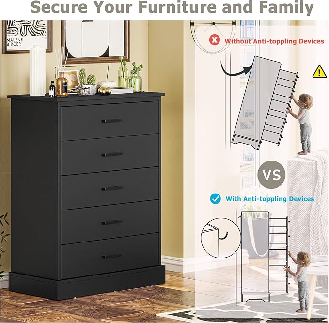 EPHEX Black Tall Dresser with 5 Drawers for Bedroom, Tall Dresser for Closet, Storage Tower Clothes Organizer, Modern Chest of Drawers with Sturdy Pedestal, 27.6'' W x 15.8'' D x 40.2'' H