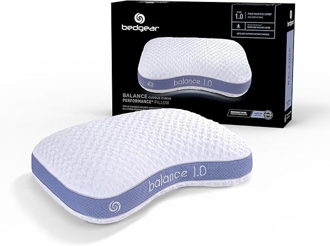 Bedgear Balance Cuddle Curve Performance Pillow - Size 1.0 - Moisture-Wicking Pillow for Side Sleepers - Medium Firmness Bed Pillow- Hypoallergenic, Washable Removable Cover - 20" W x 26" L x 5.25" H