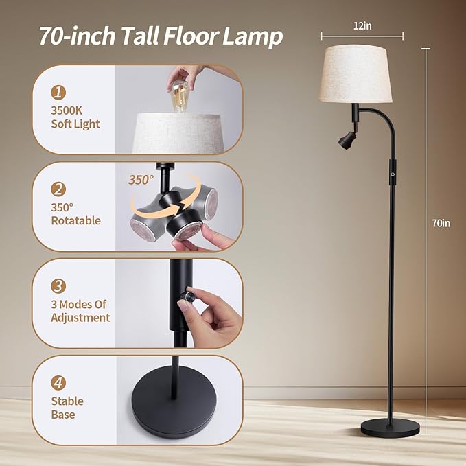 Floor Lamp for Living Room, Vintage Two-Light Tall Floor Lamp with knob, LED Reading Standing Lamp for Bedroom Office - Black