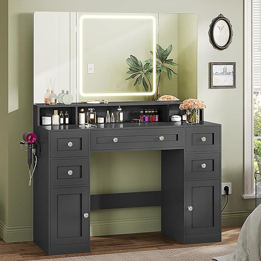 Vanity Desk with Mirror and LED Light, Large Makeup Vanity with Trifold Mirror and Charging Station, 5 Drawers for Storage, Black Modern Makeup Desk with Hidden Jewelry Hook for Bedroom, Women Girls