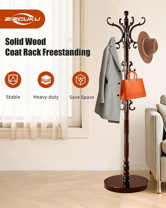 Wooden Coat Rack Freestanding, Solid Wood Coat Rack Stand with 14 Hooks, Vintage Heavy Duty Standing Coat, Sturdy Jacket Hanger Tree Stand for Corner, Office, Entryway
