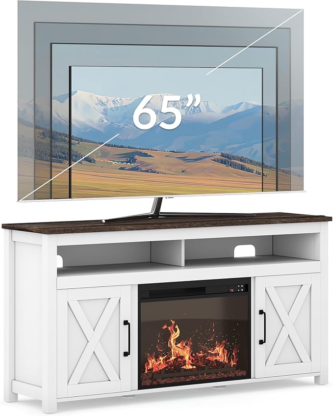 BELLEZE 58" Farmhouse Fireplace TV Stand for TVs up to 65", 23" Electric Fireplace Heater with Sound, Entertainment Center Media Console Table Barn Door Storage Cabinets for Living Room - White