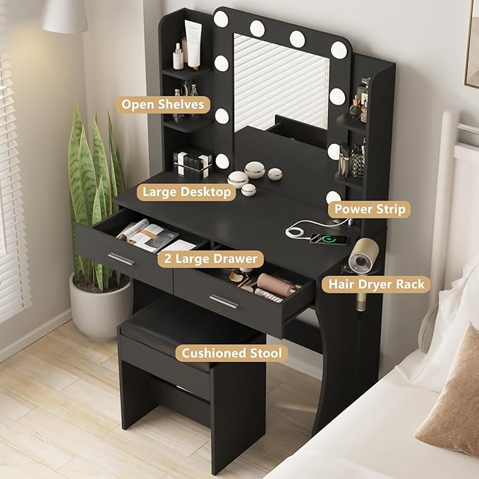 Vabches Vanity Desk with Lights,Makeup Vanity with Power Strip,Dressing Table Set with 2 Large Drawers,Vanity Mirror 3 Lighting Color Adjustable,Black