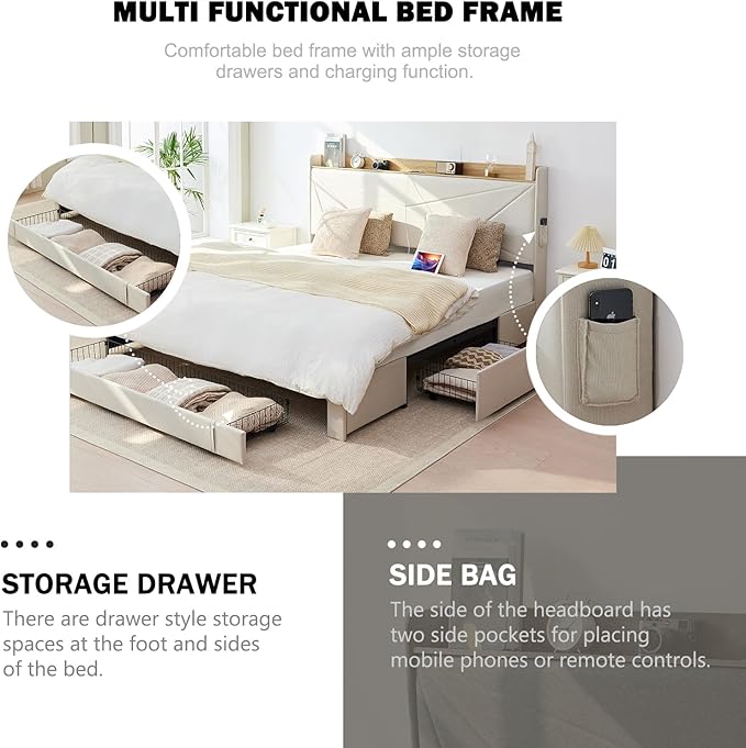 King Size Bed Frame with 3 Drawers, Upholstered King Size Bed Frame with Storage Headboard, AC USB and Type C Charge Station, Wooden Support Slats No Box Spring Needed Easy Assembly,Beige