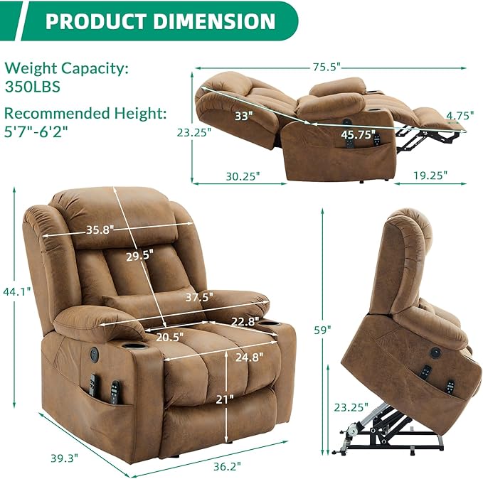 VIVIJASON Tall Man Large Dual Motor Power Lift Recliner Chair with Extended Footrest, Oversized Lay Flat Sleeper Electric Recliner W/Heat & Massage, Lumbar Pillow, USB & Type-C Ports, Brown