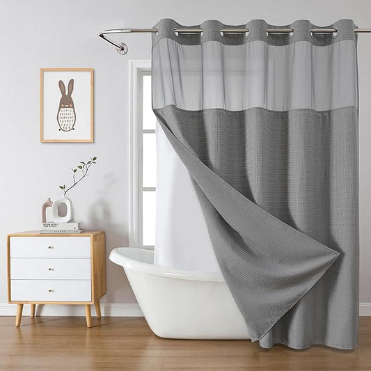 Grey No Hook Waffle Weave Shower Curtain with snap-in Liner Replacement, 230GSM Waterproof Fabric Hotel Shower Curtain Set for Bathroom, Through Mesh Top Window,71Wx77H