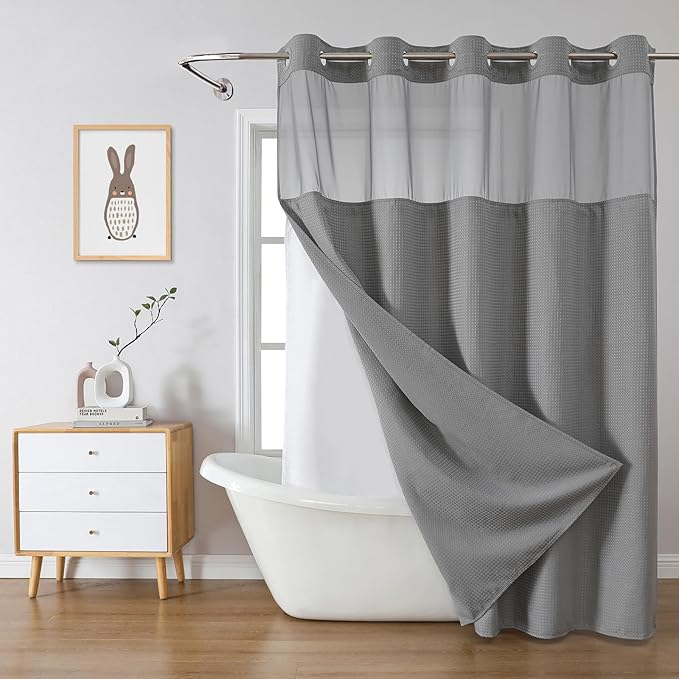 Grey Extra Long No Hook Waffle Weave Shower Curtain with snap-in Liner Replacement, 230GSM Waterproof Fabric Hotel Shower Curtain Set for Bathroom, Through Mesh Top Window,71Wx86H