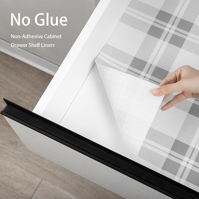 Drawer Shelf Liner for Kitchen Cabinets, Non Adhesive Slip Resistant Shelf Paper Easy to Clean, Strong Grip Thickened Waterproof Washable Mats for Pantry Shelves Cupboard Dresser (Grey, 17.5in x 30FT)