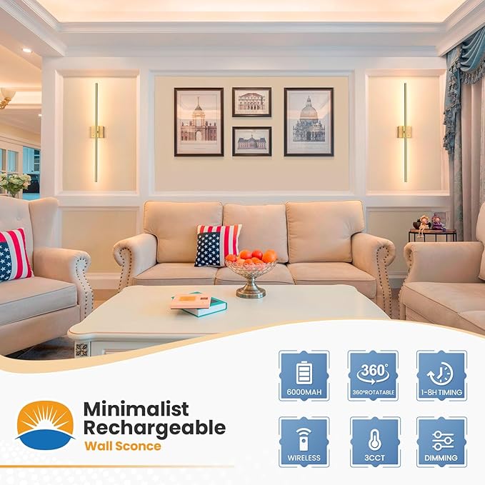 NIORSUN 35 Inch Battery Operated Wall Sconce Set of 2, 360° Rotation Gold Rechargeable Wall Lights with Detachable Tube and Remote, 3CCT Dimmable Wireless Wall Lamp for Living Room Bedroom Hallway