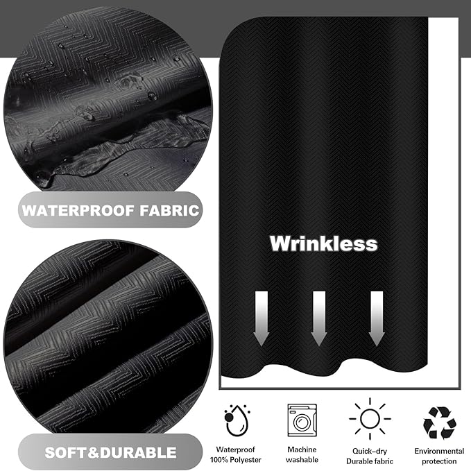 No Hook Shower Curtain with Snap in Fabric Liner Set, Chevron Shower Curtain for Bathroom (Black, 71" W x 84" W)