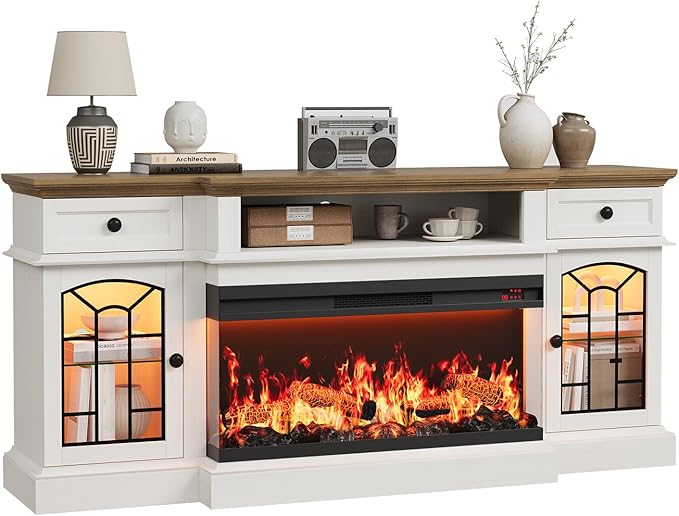 QUW 70" Farmhouse Fireplace TV Stand for TVs up to 80", Entertainment Center with 36" 3-Side Glass Electric Fireplace with Open Shelf and Cabinet, TV Console for Living Room, Antique White