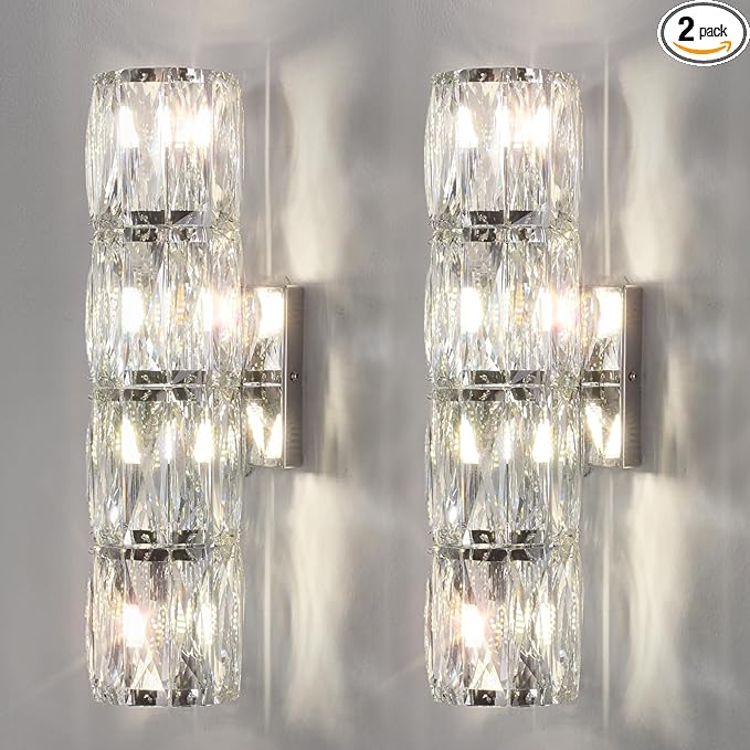Crystal Wall Sconces Set of Two, Modern Sconces Wall Decor Set of 2 Chrome Bedroom Indoor Wall Sconce Bedside Wall Mounted Lamp for Hallway Bathroom Vanity Light Fixtures
