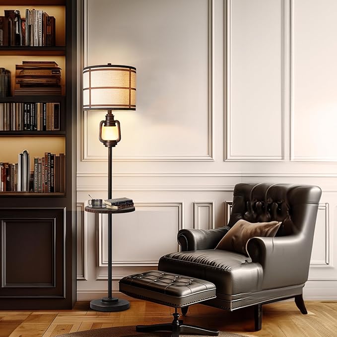 Rustic Farmhouse Metal Tray Floor Lamp For Living Room With Nightlight Vintage Tall Lamp With Linen Fabric Shade Industrial Standing Lamp For Bedroom Office Home House Study (Bulb Included)