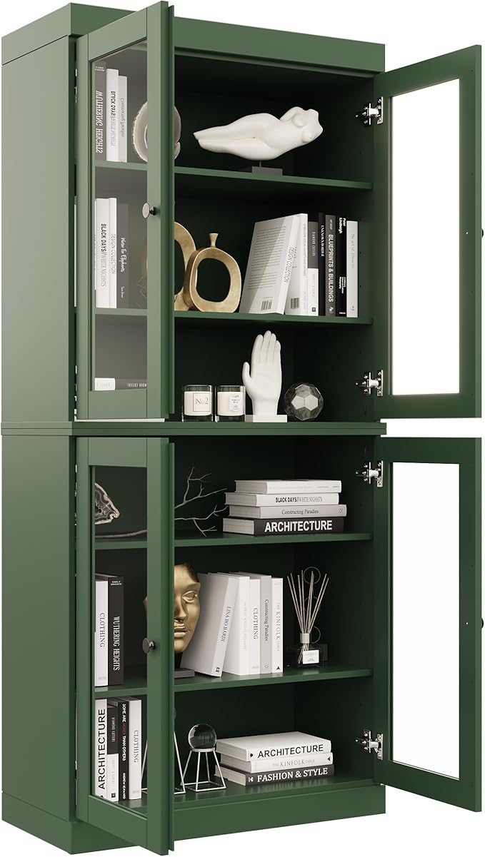 Palace Imports Solid Wood Bookcase - 6-Tier Bookshelf, 71.5” H x 32” W - Green, Clear Glass Cabinet Doors & Adjustable Shelves, Tall Bookcase, 100% Renewable Eco-Friendly Wood, Made in Brazil