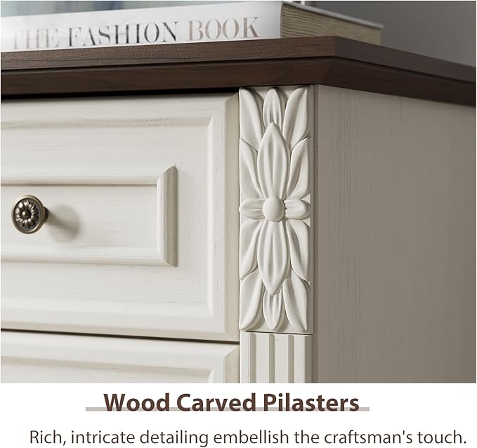 Modern 6 Drawers Dresser for Bedroom, White Farmhouse Dressers, 47" Tall Chest of Drawers w/Carved Wood Pilasters, Wood Closet Organizers and Storage Cabinet for Bedroom, Living Room
