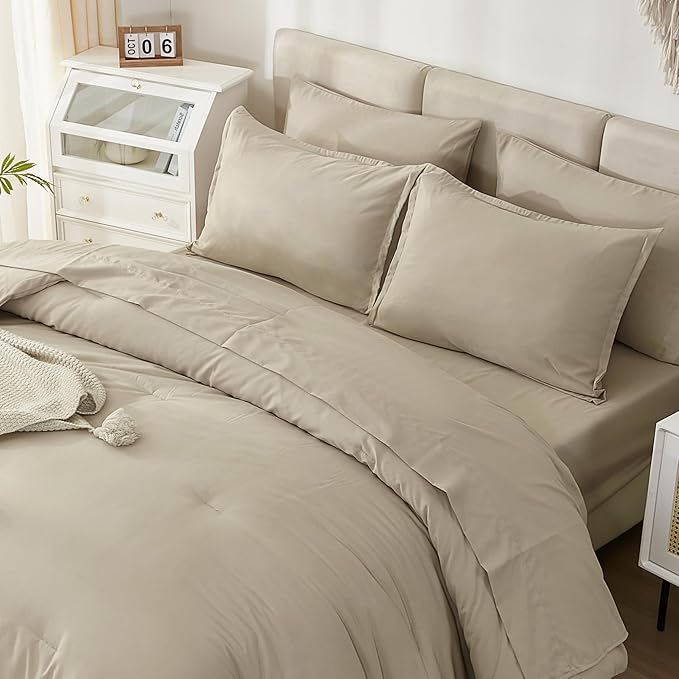Litanika Comforter Full Size Set Khaki - 7 Pieces Bed in a Bag Full Bedding Comforter Sets, Plain Lightweight Bed Set with Comforter, Sheets, Pillowcases & Shams