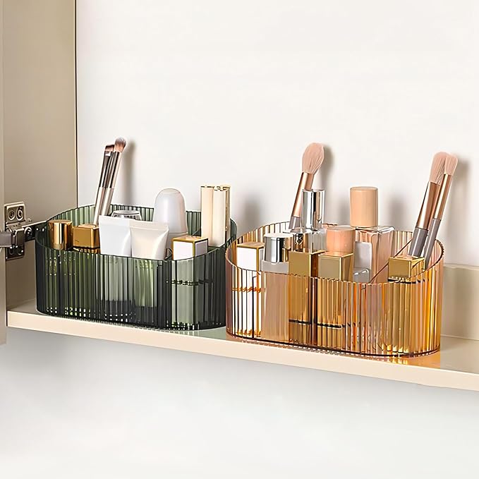 DASITON Large Capacity Makeup Brush Holder,5 Slot Makeup Brush Holder,Vintage striped Make Up Brush Holder,for Vanity Decor,Bathroom Countertops,Desk Storage Container,Cosmetic Display cases(Green)