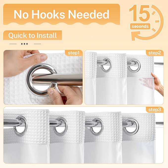 River Dream White Fabric Shower Curtain Set, Cotton Blend, Waffle Weave, with Snap in Replacement Liner，71 x 74 inches